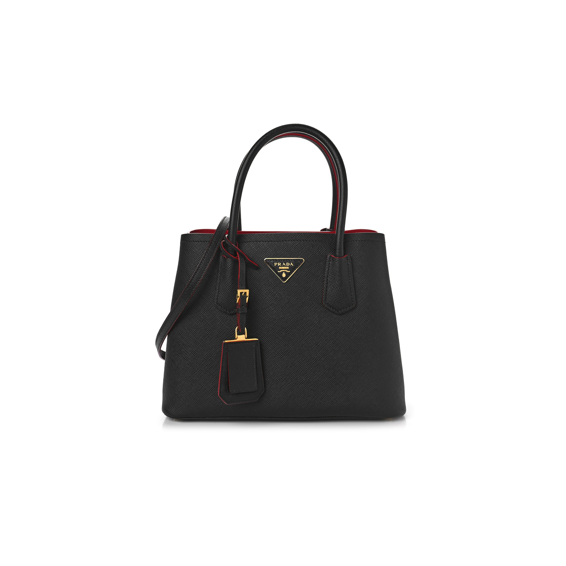 PRADA SAFFIANO CUIR SMALL DOUBLE BAG BLACK CILIEGIA 1BG443 (25*18.5*12.5cm)